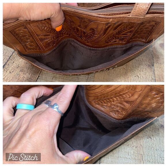 Texian Leathers tooled leather studded pony hair fur shoulder bag purse brown - Picture 6 of 13